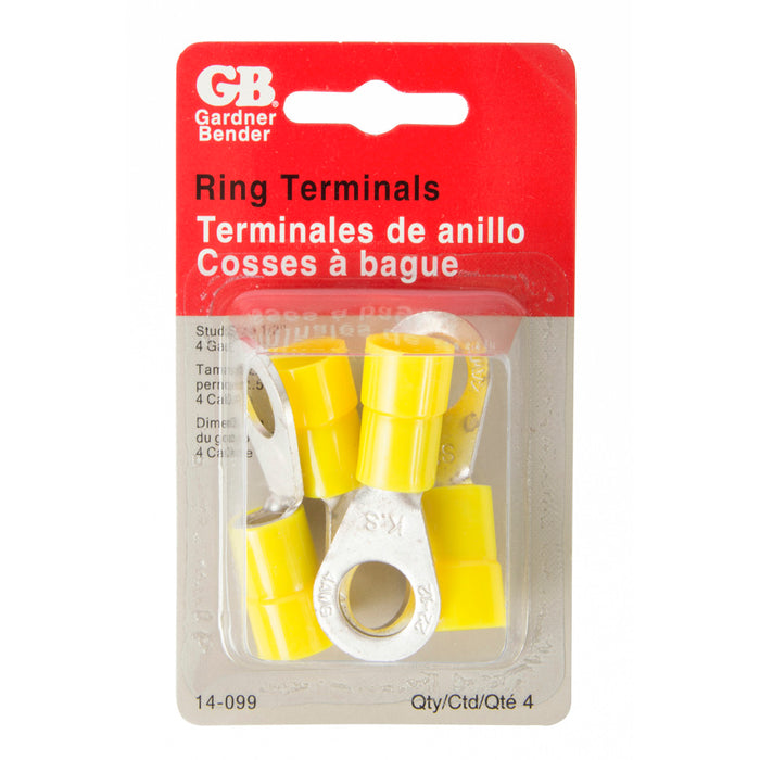 Gardner Bender Ring Terminal 4 AWG Stud Size 1/2 Inch Yellow Card Of 4 (14-099)