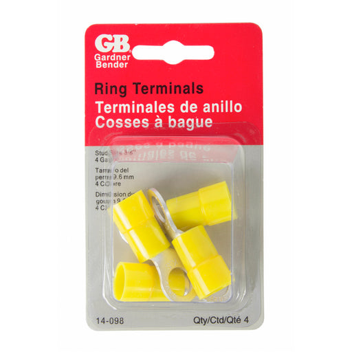 Gardner Bender Ring Terminal 4 AWG Stud Size 3/8 Inch Yellow Card Of 4 (14-098)