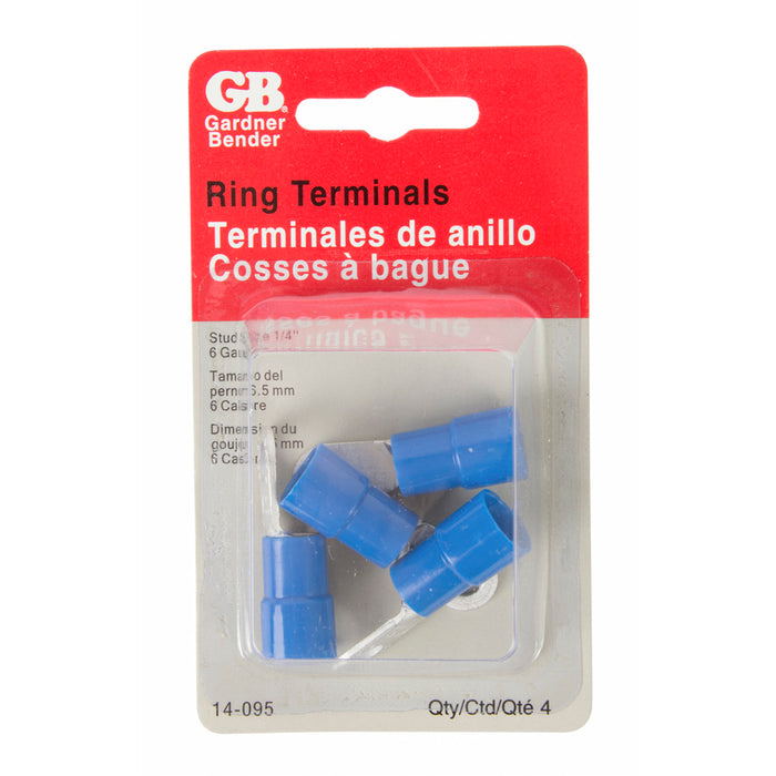 Gardner Bender Ring Terminal 6 AWG Stud Size 1/4 Blue Card Of 4 (14-095)