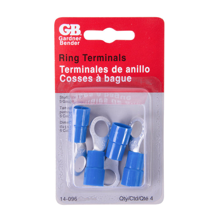 Gardner Bender Ring Terminal 6 AWG Stud Size 3/8 Blue Card Of 4 (14-096)