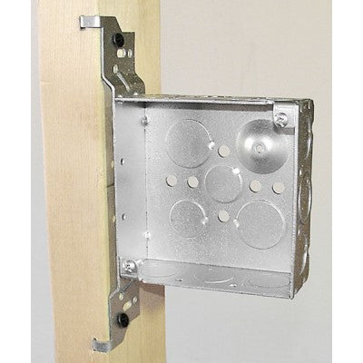 Southwire Garvin 4 Square Junction Box 1-1/2 Inch Deep (6) 1/2 Inch And (6) Combination Side Knockouts Vertical Wood Spike Bracket (52151-SWB)