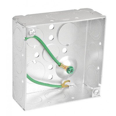 Southwire Garvin 4 Square Junction Box Welded 1-1/2 Inch Deep With Pre-Installed 8 Inch Ground Wire (52151-SPT)