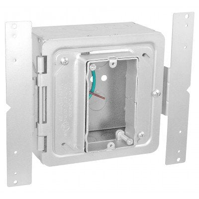 Southwire Garvin 5 Inch Square Bracket Box With Hinged 3/4 To 1-1/2 One Gang Adjustable Device Ring 3 Inch Deep 1/2 And 3/4 Knockout (HPAB-AMR1)
