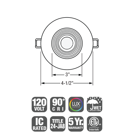 GM Lighting Mini Round Deep Regressed LED Downlight 120V 15W CCT Selectable 2700K/3000K/3500K/4000K/5000K 90 CRI 4-1/2 Inch Diameter White (MDL-4R-5CCT-WH)