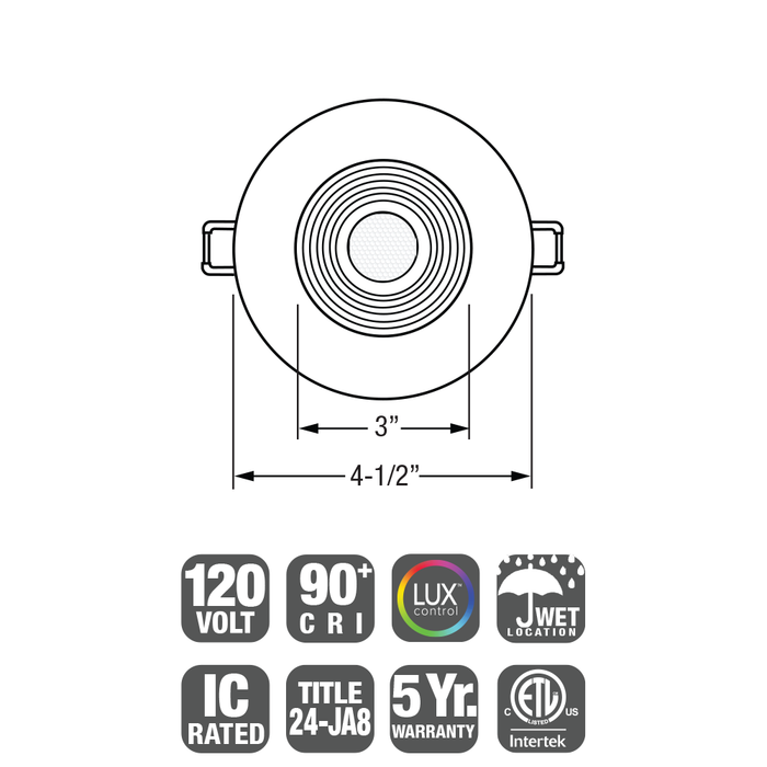 GM Lighting Mini Round Deep Regressed LED Downlight 120V 15W CCT Selectable 2700K/3000K/3500K/4000K/5000K 90 CRI 4-1/2 Inch Diameter White (MDL-4R-5CCT-WH)