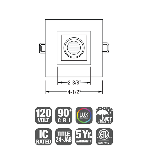 GM Lighting Mini Square Deep Regressed LED Downlight 120V 15W CCT Selectable 2700K/3000K/3500K/4000K/5000K 90 CRI 4-1/2 Inch White (MDL-4S-5CCT-WH)