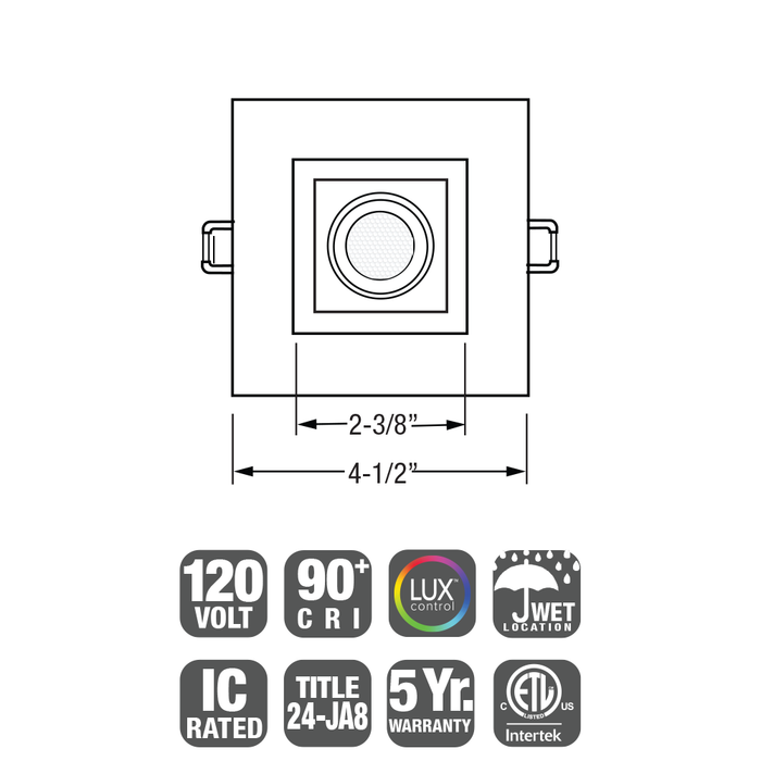 GM Lighting Mini Square Deep Regressed LED Downlight 120V 15W CCT Selectable 2700K/3000K/3500K/4000K/5000K 90 CRI 4-1/2 Inch White (MDL-4S-5CCT-WH)