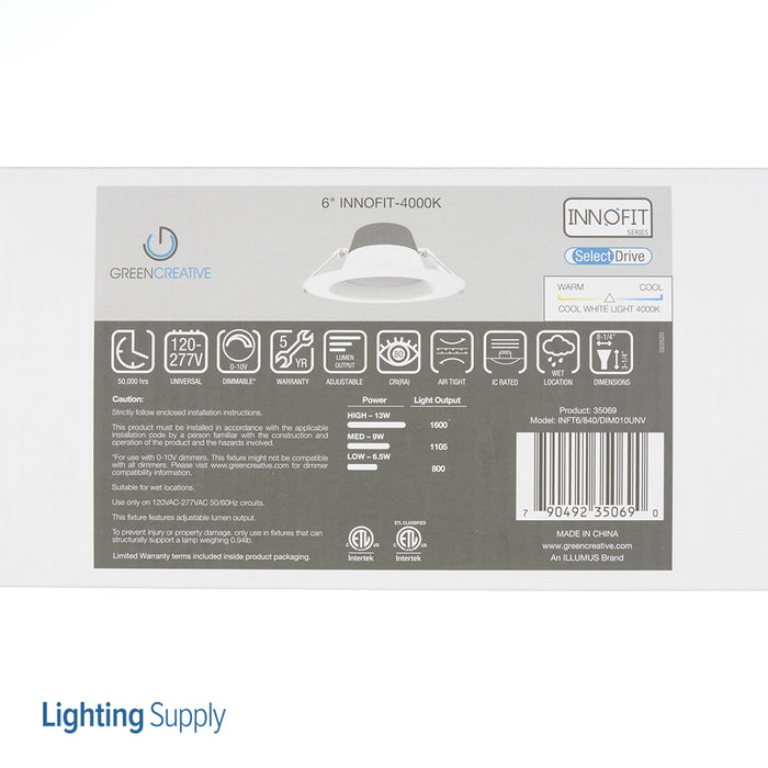 Green Creative INFT6/840/DIM010UNV 6 Inch Retrofit 6.5/9/13W Innofit Generation 2 Series 120-277V 0-10V Dimming (35069)