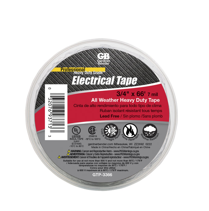 Gardner Bender All Weather Heavy Duty Vinyl Electrical Tape Black 3/4 Inch X 66 Foot (GTP-3366)