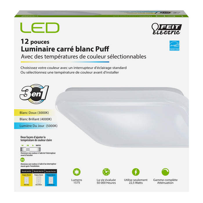 Feit Electric 12 Inch 22.5W 3-In-1 Color Selectable Square Puff LED Ceiling Fixture 4-Pack (PF12/SQ/4WY/WH/4)