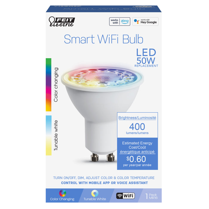 Feit Electric 5W [50W Equivalent] RGBW Color GU10 Base MR16 Alexa Google Siri Smart Wi-Fi LED Light Bulb CCT Selectable 2700K-6500K (MR16/GU10/RGBW/CA/AG)