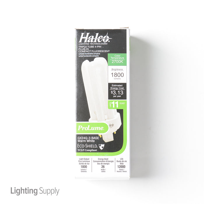 Halco PL26T/E/27/ECO Compact Fluorescent 26W 120V 2700K 1800Lm 4-Pin GX24Q-3 Plug-In Base Dimmable Triple Tube 4-Pin Prolume Bulb (109020)