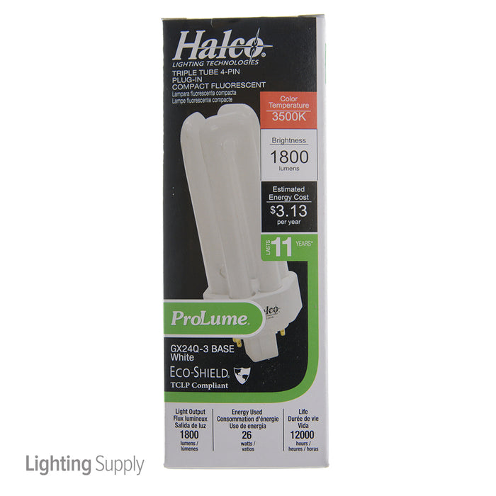 Halco PL26T/E/35/ECO Compact Fluorescent 26W 120V 3500K 1800Lm 4-Pin GX24Q-3 Plug-In Base Dimmable Triple Tube 4-Pin Prolume Bulb (109022)