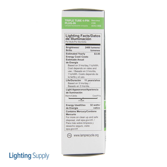 Halco PL32T/E/41/ECO Compact Fluorescent 32W 120V 4100K 2400Lm 4-Pin GX24Q-3 Plug-In Base Dimmable Triple Tube 4-Pin Prolume Bulb (109030)