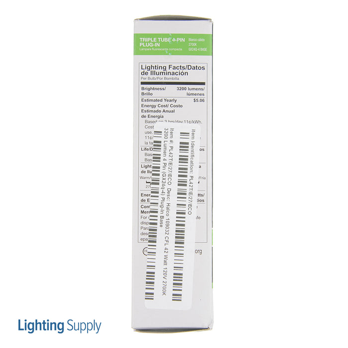 Halco PL42T/E/27/ECO Compact Fluorescent 42W 120V 2700K 3200Lm 4-Pin GX24Q-4 Plug-In Base Dimmable Triple Tube 4-Pin Prolume Bulb (109032)