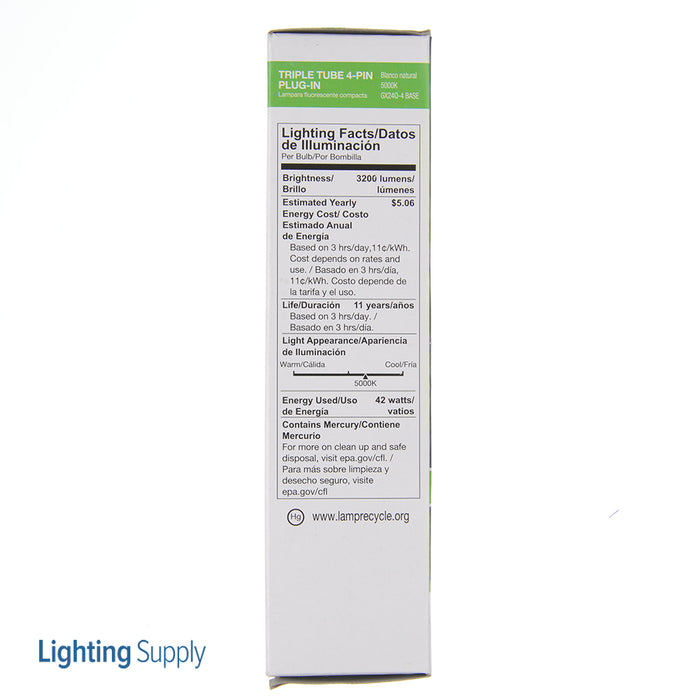 Halco PL42T/E/50/ECO Compact Fluorescent 42W 120V 5000K 3200Lm 4-Pin GX24Q-4 Plug-In Base Dimmable Triple Tube 4-Pin Prolume Bulb (109072)