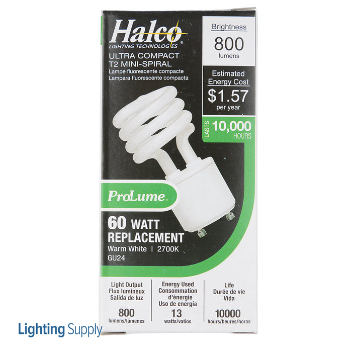 Halco CFL13/27/GU24 13W Compact Fluorescent T2 GU24 Base Spirals 2700K 120V 82 CRI GU24 Base Prolume Self-Ballasted Bulb (46506)