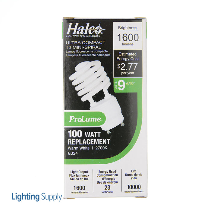 Halco CFL23/27/GU24 23W Compact Fluorescent T2 GU24 Base Spirals 2700K 120V 82 CRI GU24 Base Prolume Self-Ballasted Bulb (46518)