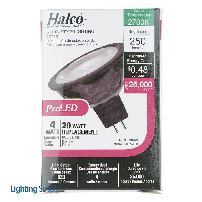 Halco MR16FL4/827/LED ProLED 3.5W LED 2700K 82 CRI Bi-Pin GU5.3 Base Dimmable Bulb (81098)