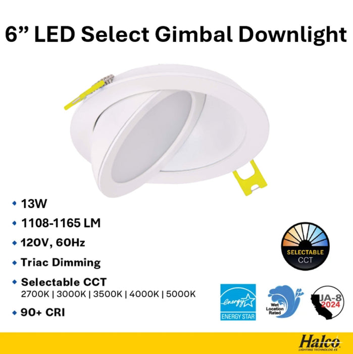 Halco DFDLG6-13-CS ProLED Select Direct Fit Gimbal Downlight 6 Inch 13W CCT Selectable 2700K/3000K/3500K/4000K/5000K 90 Degree Tilt Dimmable T20 JA8 (82120)