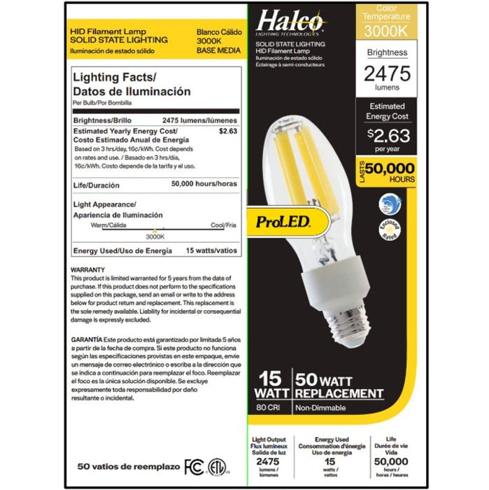 Halco HiLED15-830-E26 HiLED Lamp 15W 3000K 2600Lm ED17 Bulb Medium E26 Base 120-277V (84895)