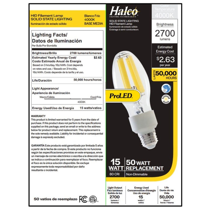 Halco HiLED15-840-E26 HiLED Lamp 15W 4000K 2600Lm ED17 Bulb Medium E26 Base 120-277V (84896)