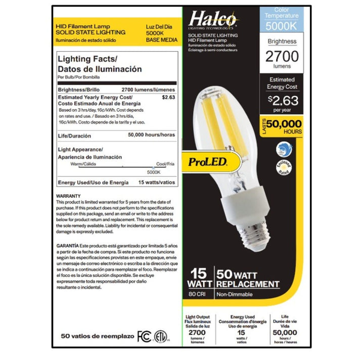 Halco HiLED15-850-E26 HiLED Lamp 15W 5000K 2600Lm ED17 Bulb Medium E26 Base 120-277V (84897)