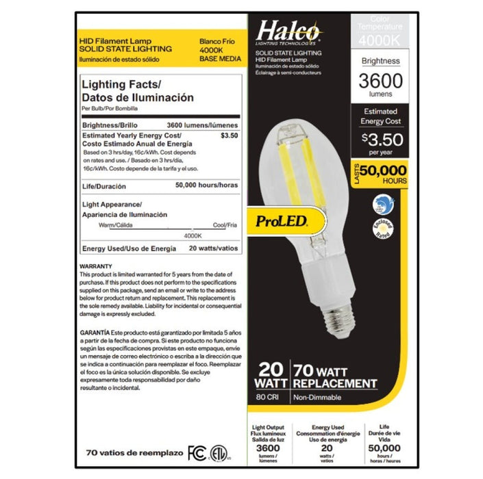 Halco HiLED20-840-E26 HiLED Lamp 20W 4000K 3500Lm ED23.5 Bulb Medium E26 Base 120-277V (84898)