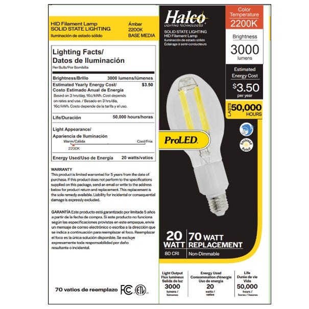 Halco HiLED20-822-E26 LED HID Filament ED23.5 Lamp 20W 2200K E26 Base 3000Lm 80 CRI (84900)