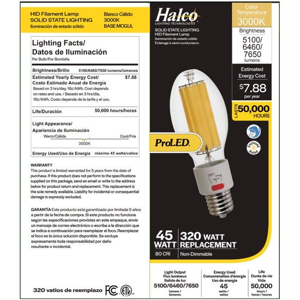 Halco HiLED45S-830-EX39 LED HID Filament ED28 Lamp Wattage Selectable 30W/38W/45W 3000K EX39 Base 80 CRI (84901)
