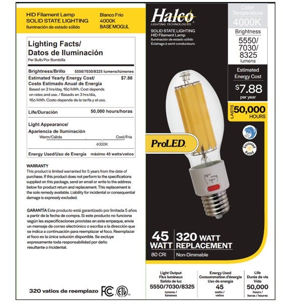 Halco HiLED45S-840-EX39 LED HID Filament ED28 Lamp Wattage Selectable 30W/38W/45W 4000K EX39 Base 80 CRI (84902)