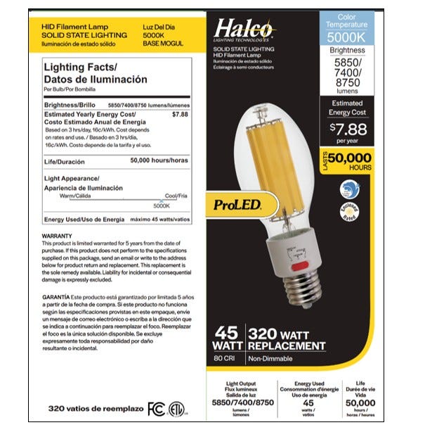 Halco HiLED45S-850-EX39 LED HID Filament ED28 Lamp Wattage Selectable 30W/38W/45W 5000K EX39 Base 80 CRI (84903)