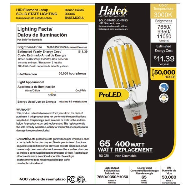 Halco HiLED65S-830-EX39 LED HID Filament ED37 Lamp Wattage Selectable 45W/55W/65W 3000K EX39 Base 80 CRI (84904)