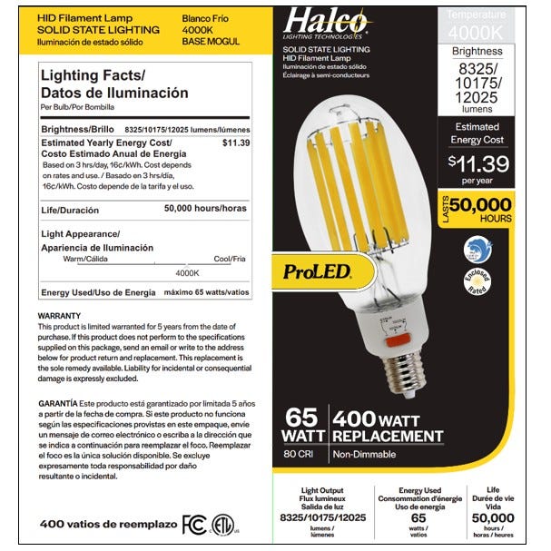 Halco HiLED65S-840-EX39 LED HID Filament ED37 Lamp Wattage Selectable 45W/55W/65W 4000K EX39 Base 80 CRI (84905)