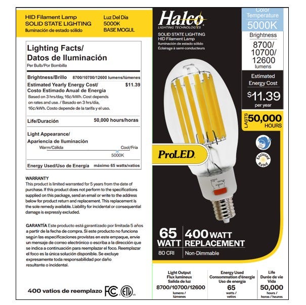 Halco HiLED65S-850-EX39 LED HID Filament ED37 Lamp Wattage Selectable 45W/55W/65W 5000K EX39 Base 80 CRI (84906)