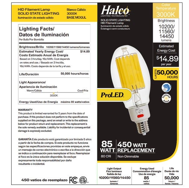 Halco HiLED85S-830-EX39 LED HID Filament ED37 Lamp Wattage Selectable 60W/68W/85W 3000K EX39 Base 80 CRI (84907)