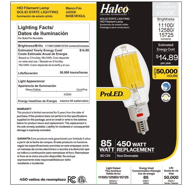 Halco HiLED85S-840-EX39 LED HID Filament ED37 Lamp Wattage Selectable 60W/68W/85W 4000K EX39 Base 80 CRI (84908)