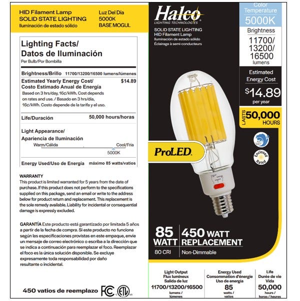 Halco HiLED85S-850-EX39 LED HID Filament ED37 Lamp Wattage Selectable 60W/68W/85W 5000K EX39 Base 80 CRI (84909)
