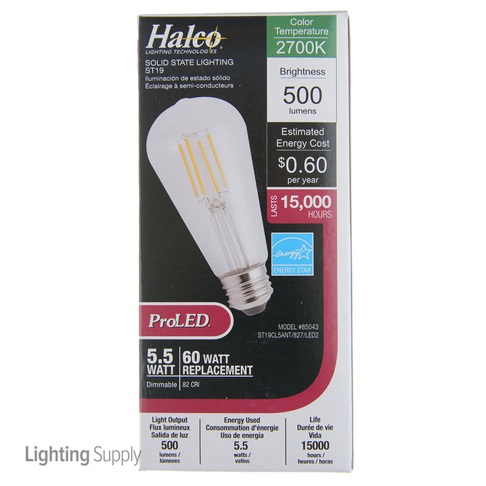 Halco ST19CL5ANT/827/LED2 ST19 120V 5.5W 2700K E26 Clear ProLED (85043)