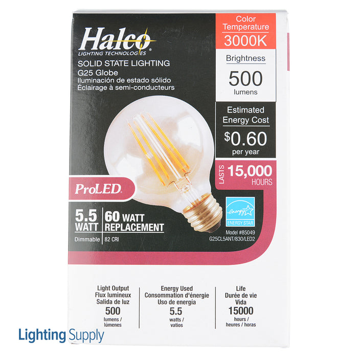 Halco G25CL5ANT/830/LED2 G25 120V 5.5W 3000K E26 Clear ProLED (85049)