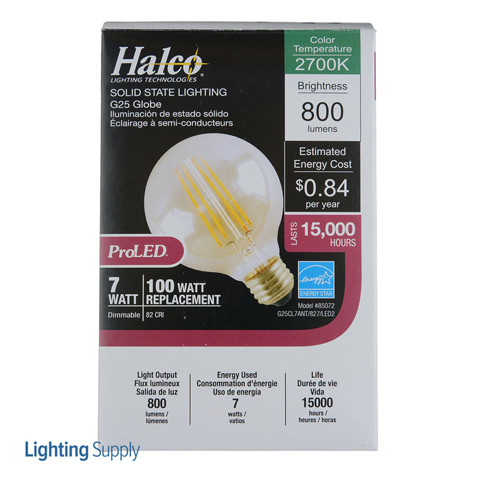 Halco G25CL7ANT/827/LED2 G25 120V 7W 2700K E26 Clear ProLED (85072)