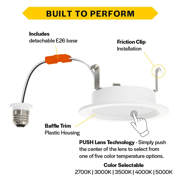 Halco PUSH-RSD-4-CS-BT-120V LED Retrofit Slim Downlight 4 Inch Baffle Trim 8W 700Lm Push Lens for CCT Selectable 2700K/3000K/3500K/4000K/5000K 90 CRI 120V Triac Dimming (89231)
