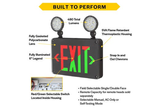 Halco EMG-WLEXC-BK-RG Emergence Series Combination Exit/Emergency Selectable Red Or Green Legend Selectable Single/Double Face Self Diagnostics Remote Capacity Black (97125)