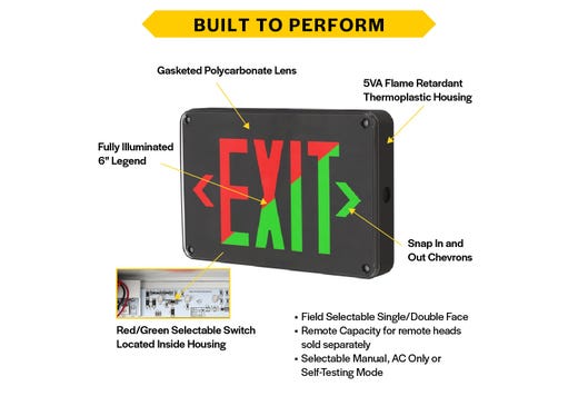 Halco EMG-WLEX-BK-RG Emergence Series Wet/Cold Location Exit Sign Selectable Red Or Green Legend Selectable Single/Double Face Self Diagnostics Remote Capacity Black (97127)