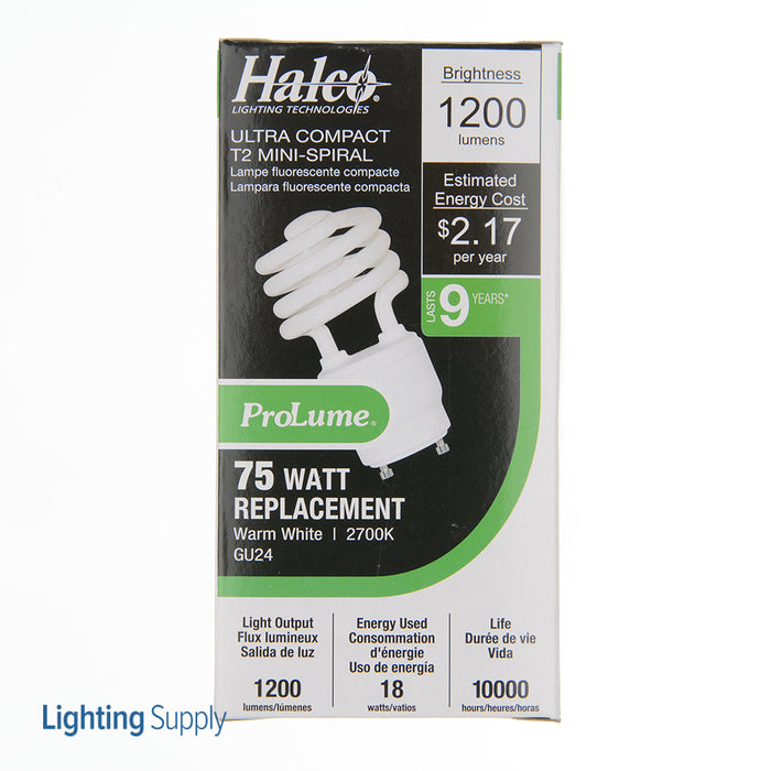 Halco CFL18/27/GU24 18W Compact Fluorescent T2 GU24 Base Spirals 2700K 120V 82 CRI GU24 Base Prolume Self-Ballasted Bulb (46512)