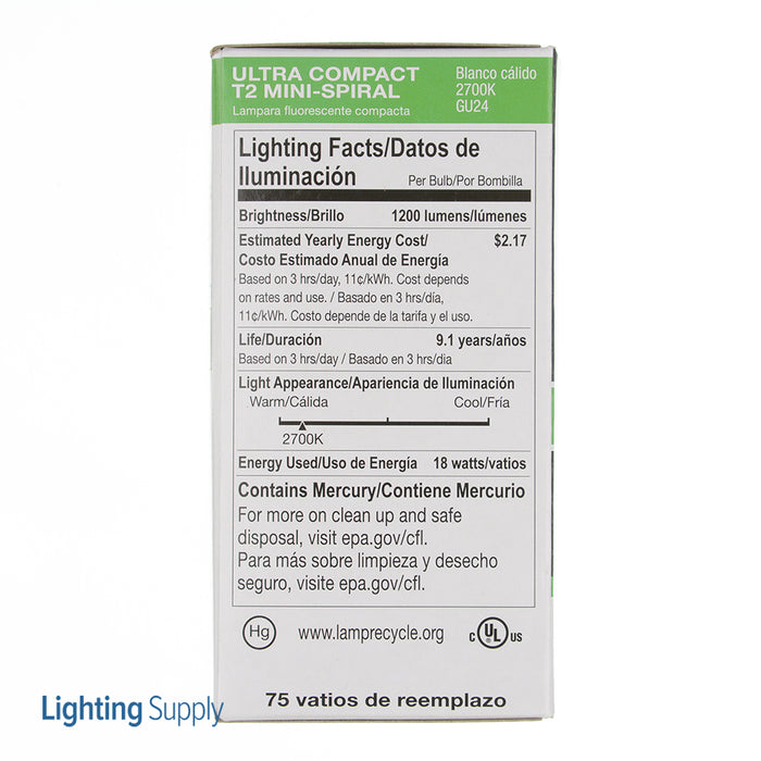 Halco CFL18/27/GU24 18W Compact Fluorescent T2 GU24 Base Spirals 2700K 120V 82 CRI GU24 Base Prolume Self-Ballasted Bulb (46512)