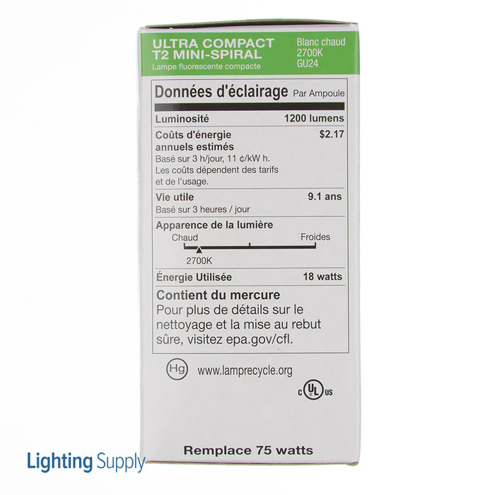 Halco CFL18/27/GU24 18W Compact Fluorescent T2 GU24 Base Spirals 2700K 120V 82 CRI GU24 Base Prolume Self-Ballasted Bulb (46512)