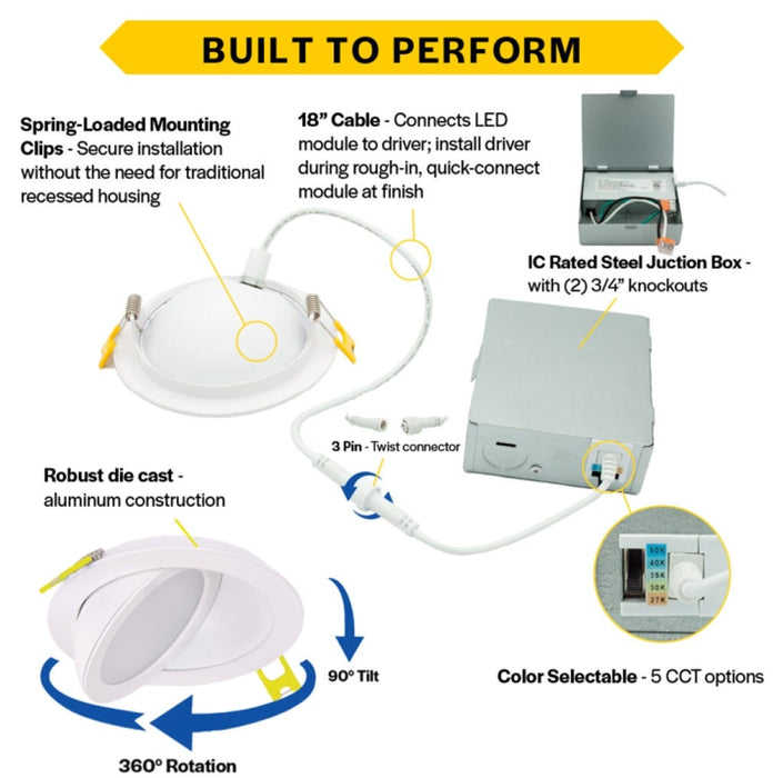 Halco DFDLG6-13-CS ProLED Select Direct Fit Gimbal Downlight 6 Inch 13W CCT Selectable 2700K/3000K/3500K/4000K/5000K 90 Degree Tilt Dimmable T20 JA8 (82120)
