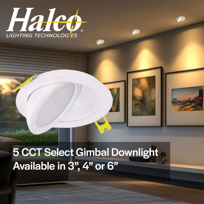 Halco DFDLG6-13-CS ProLED Select Direct Fit Gimbal Downlight 6 Inch 13W CCT Selectable 2700K/3000K/3500K/4000K/5000K 90 Degree Tilt Dimmable T20 JA8 (82120)