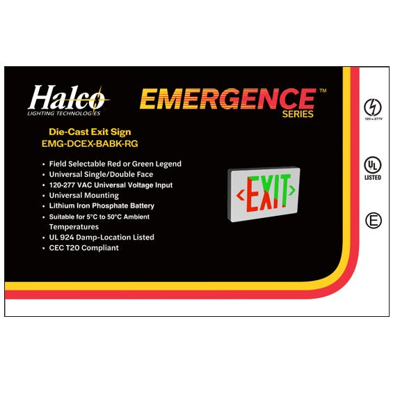 Halco EMG-DCEX-BABK-RG Emergence LED Die-Cast Exit Sign Selectable Red/Green Legend Brushed Aluminum Face Black Housing Single/Double Face Selectable AC Or Battery Backup (97112)